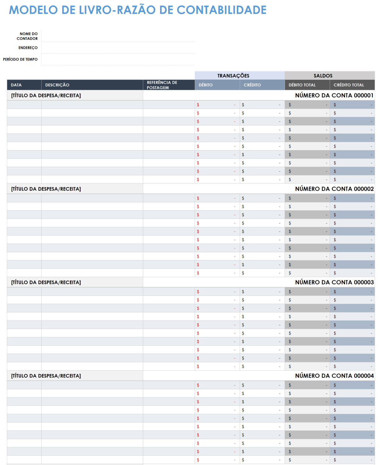 modelo de razão geral de negócios de contabilidade