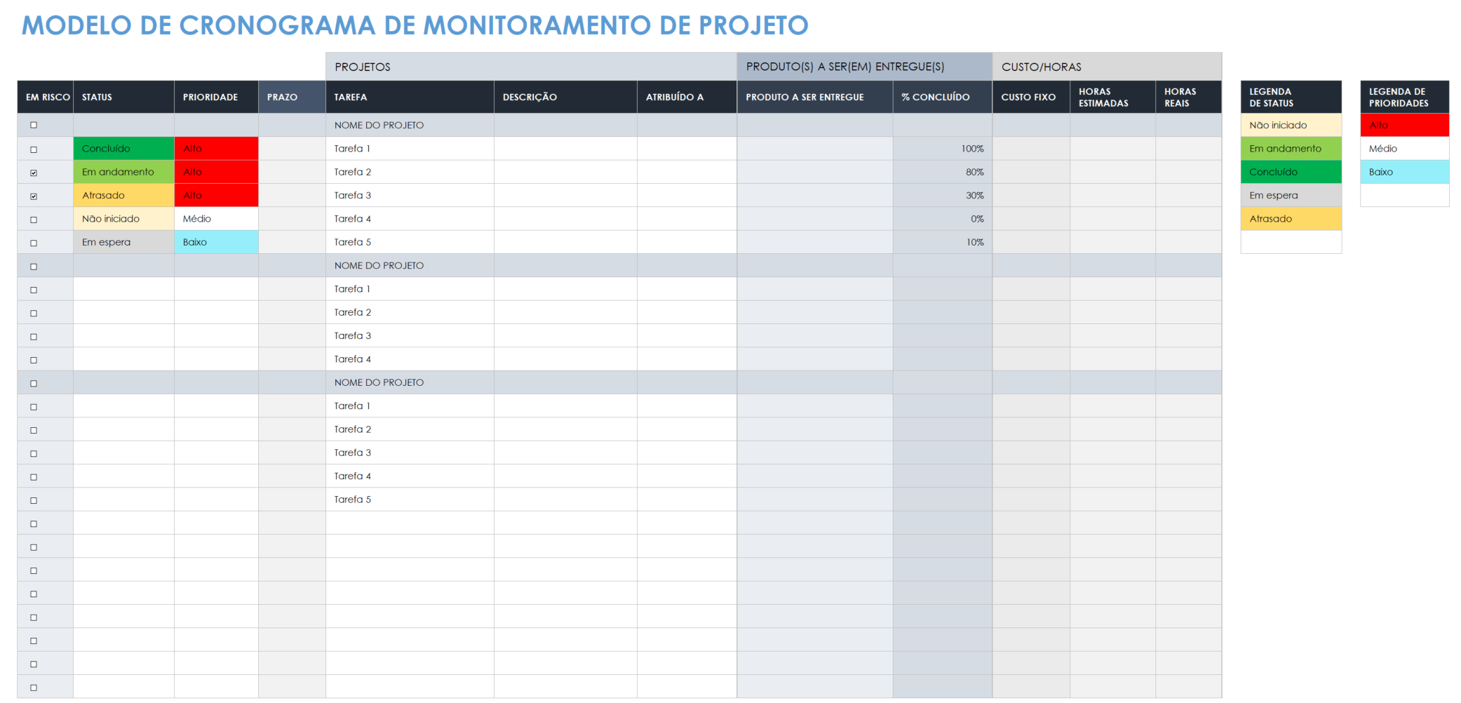 modelo de cronograma de rastreador de projeto