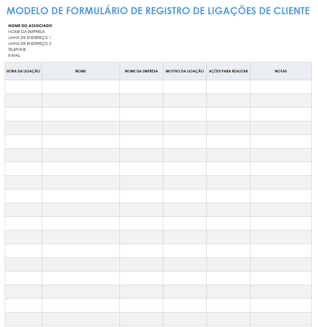 modelo de formulário de registro de chamadas do cliente