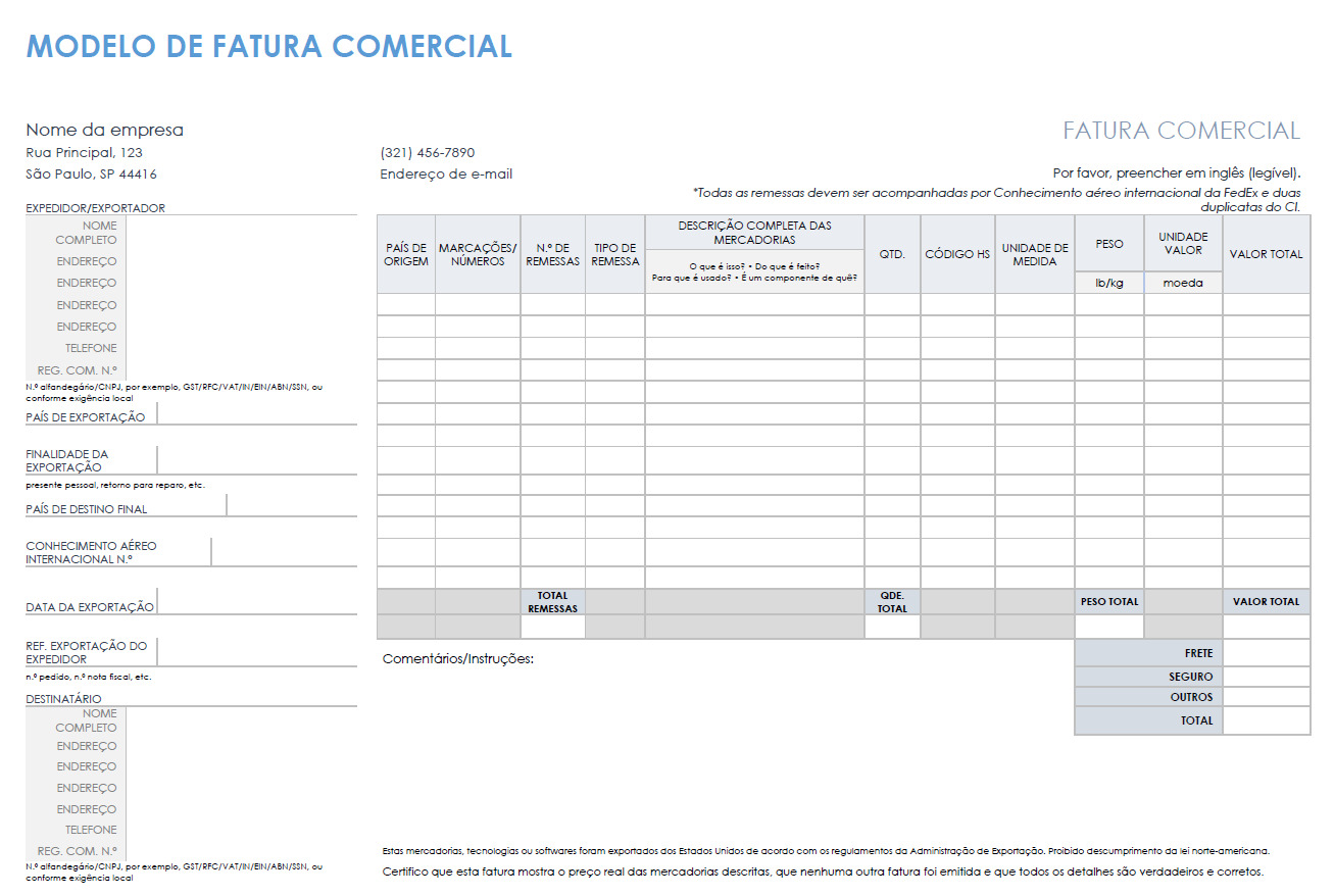 modelo de fatura comercial