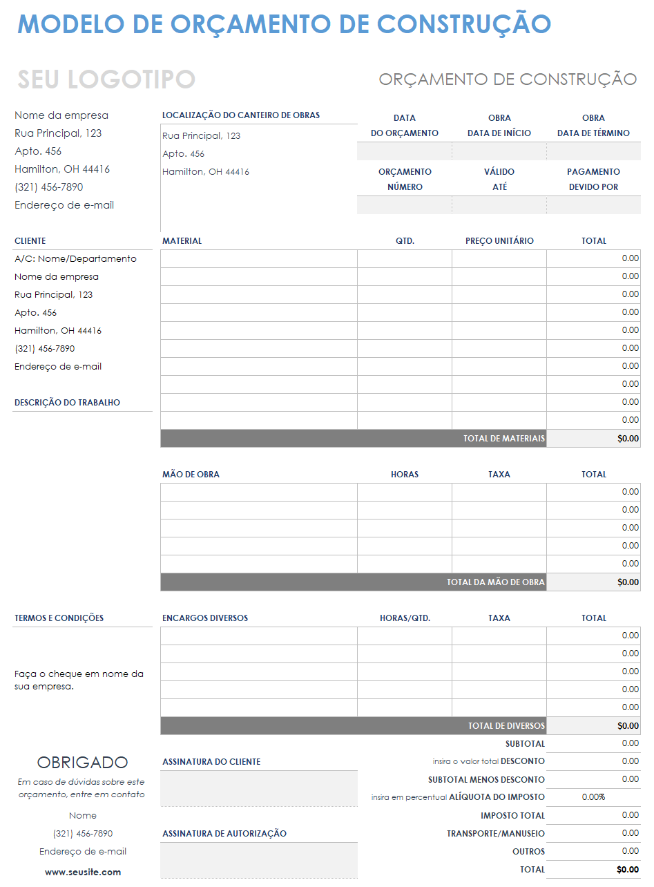  modelo de orçamento de construção