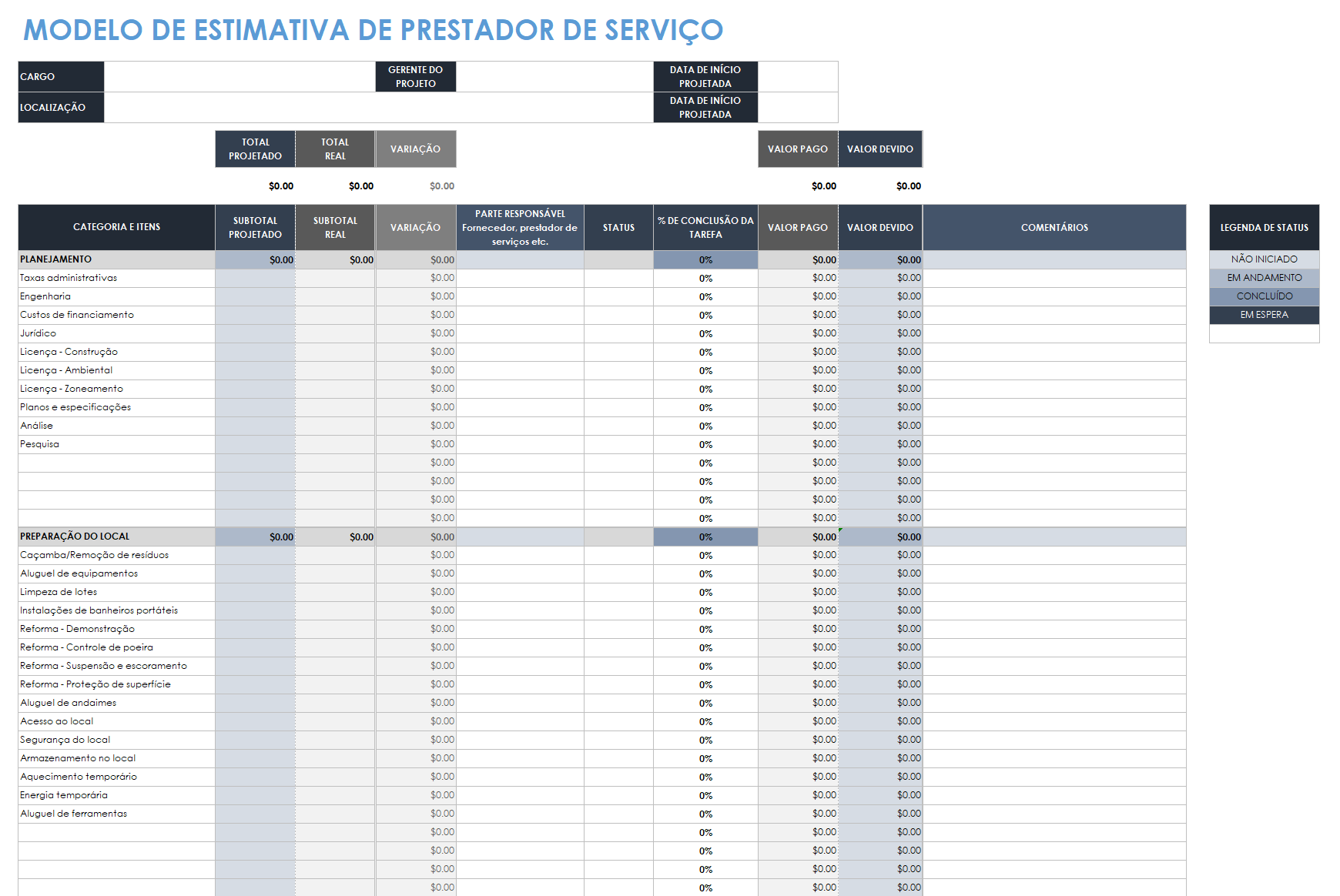 modelo de estimativa de empreiteiro