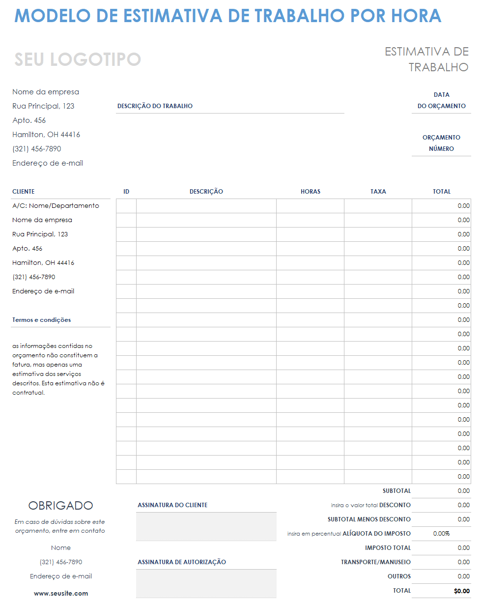  modelo de estimativa de trabalho por hora