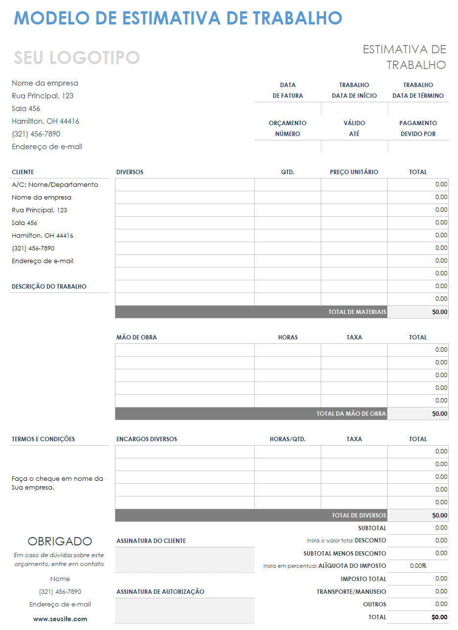  modelo de estimativa de trabalho