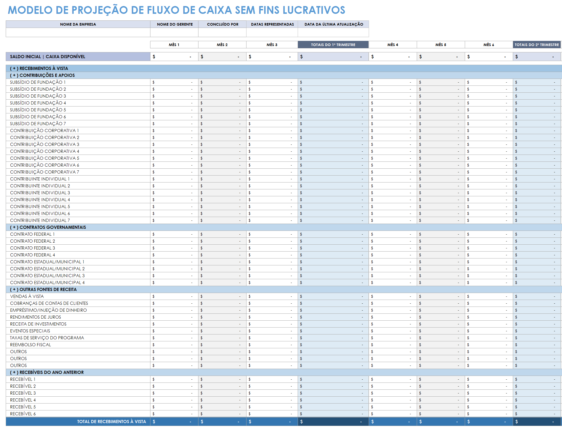 modelo de projeção de fluxo de caixa para organizações sem fins lucrativos