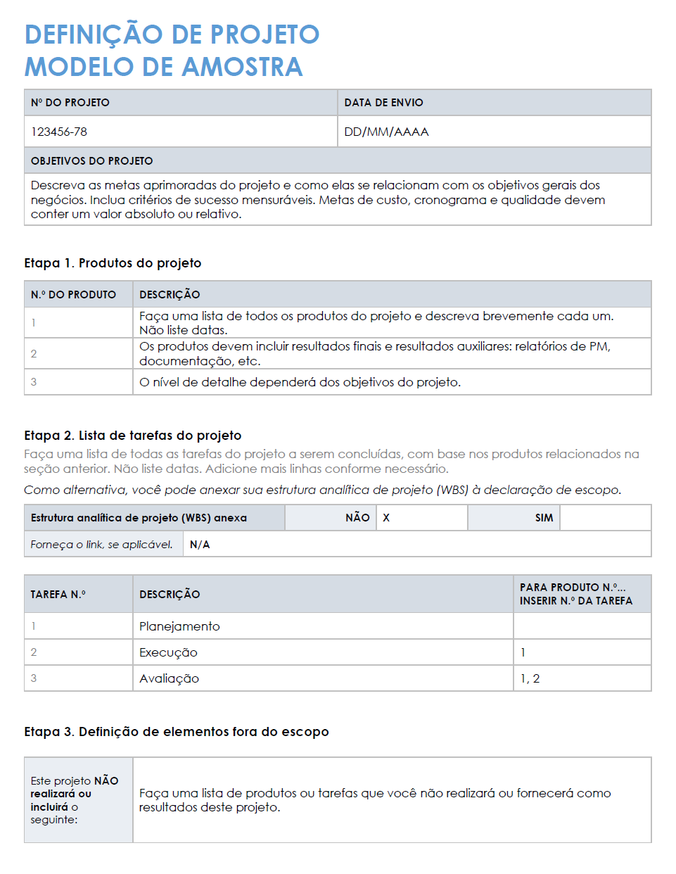 modelo de amostra de definição de projeto