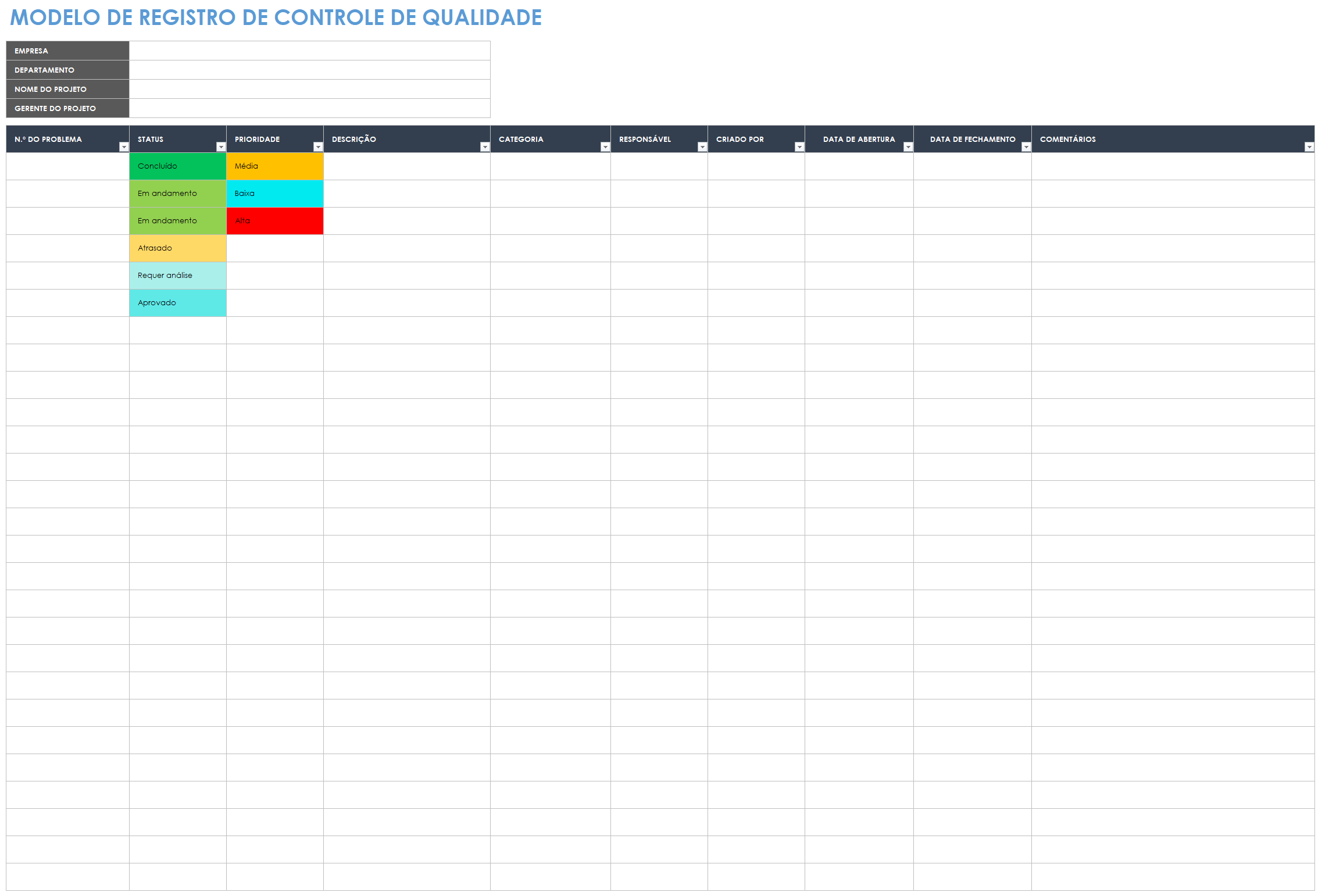 modelo de registro de controle de qualidade