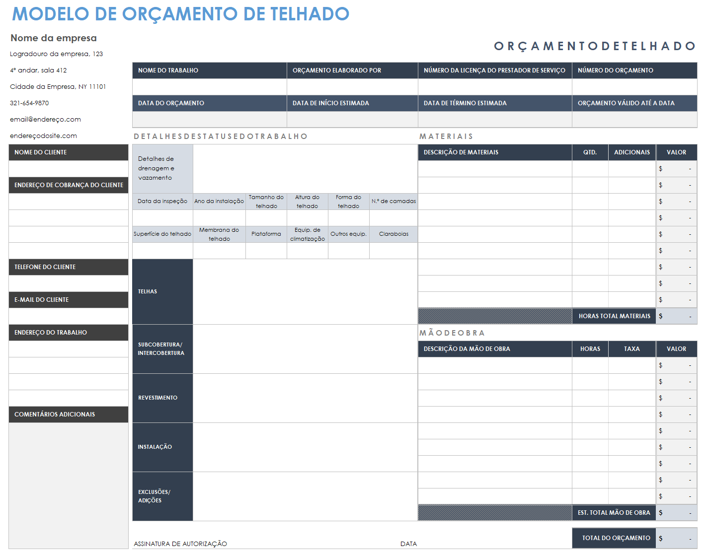  modelo de cotação de telhado