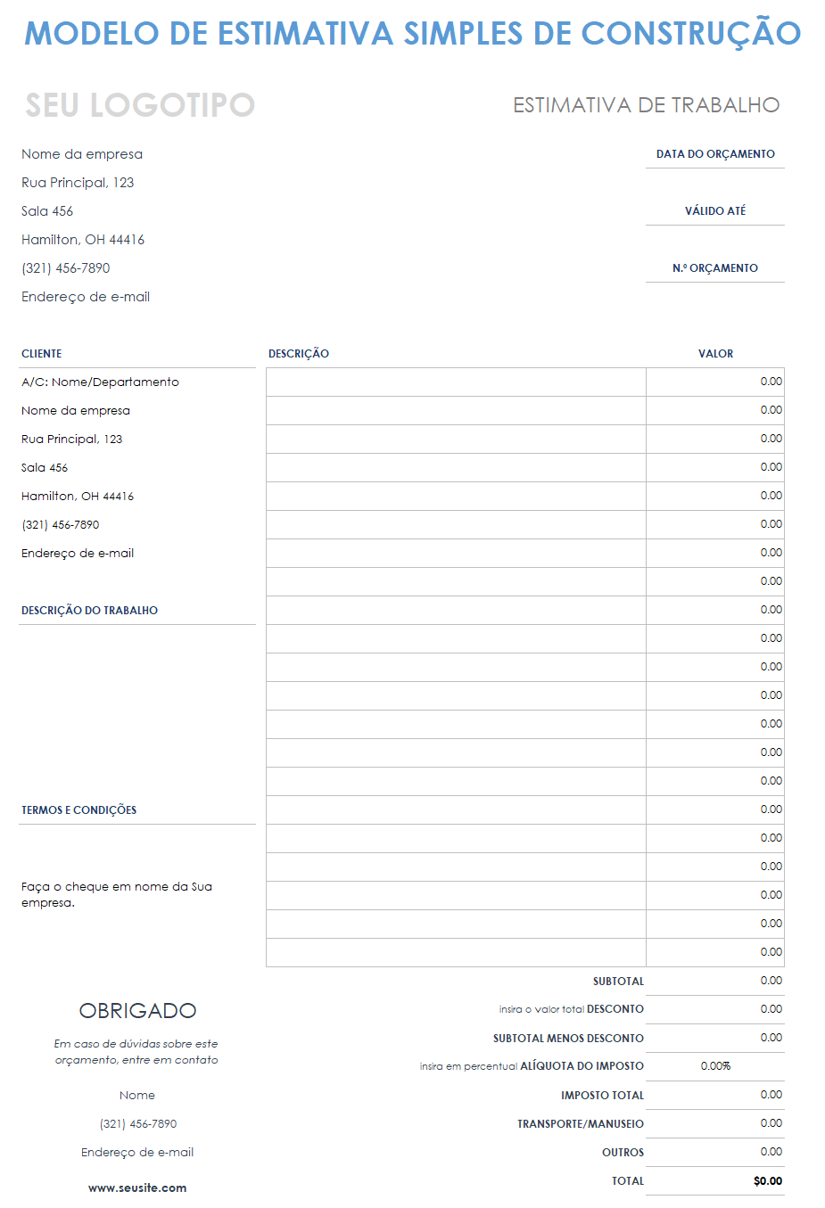 modelo de estimativa de construção simples