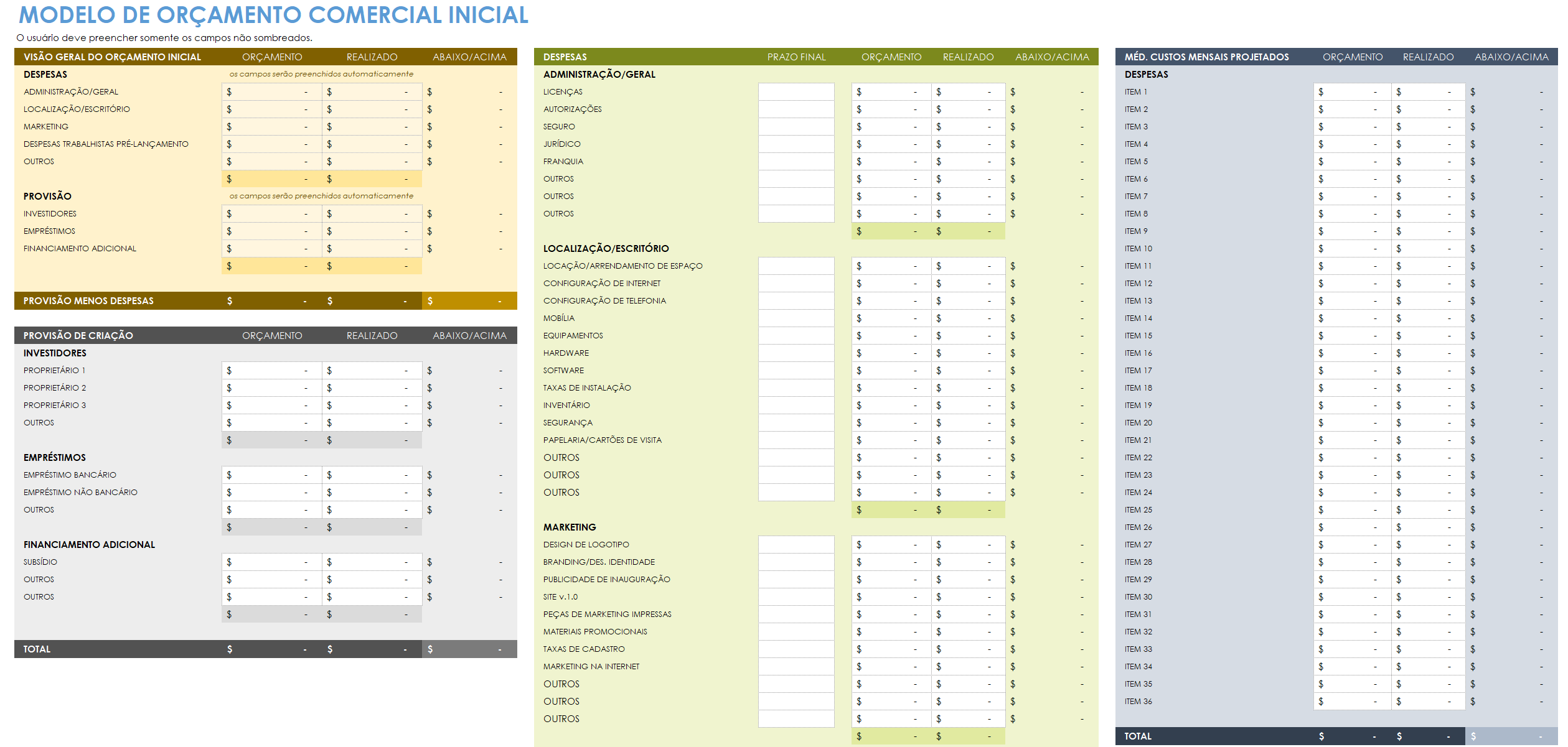  modelo de orçamento de negócios iniciais