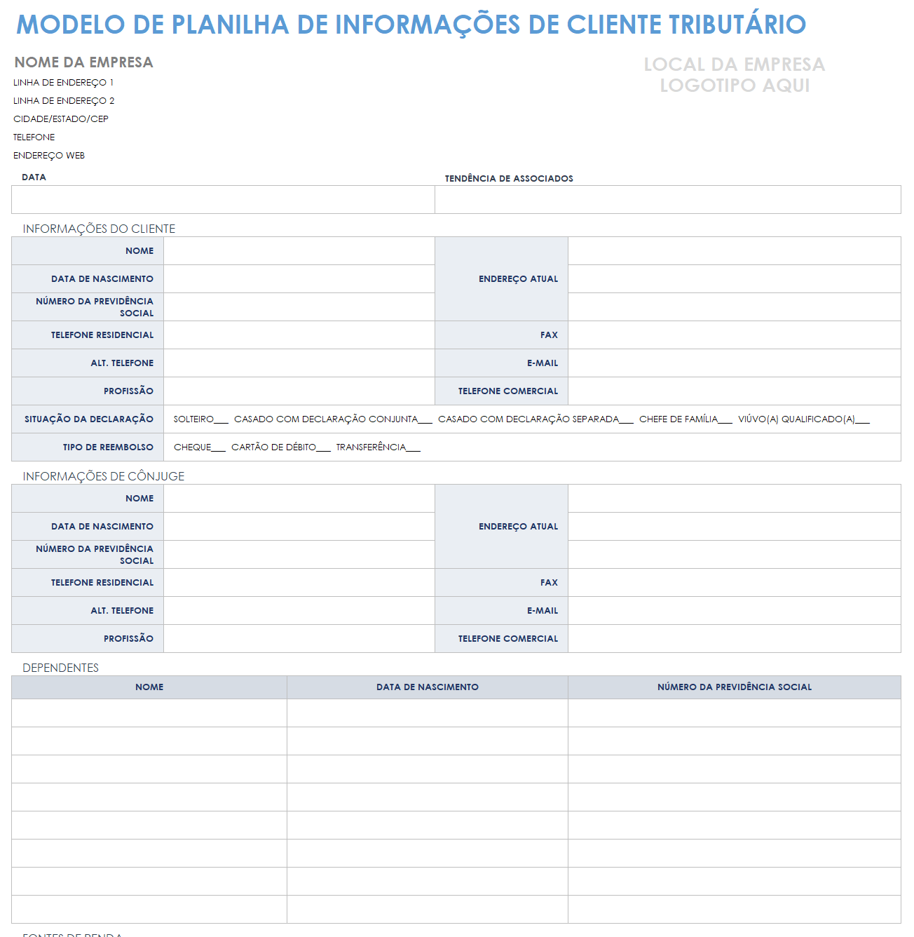  modelo de planilha de informações fiscais do cliente