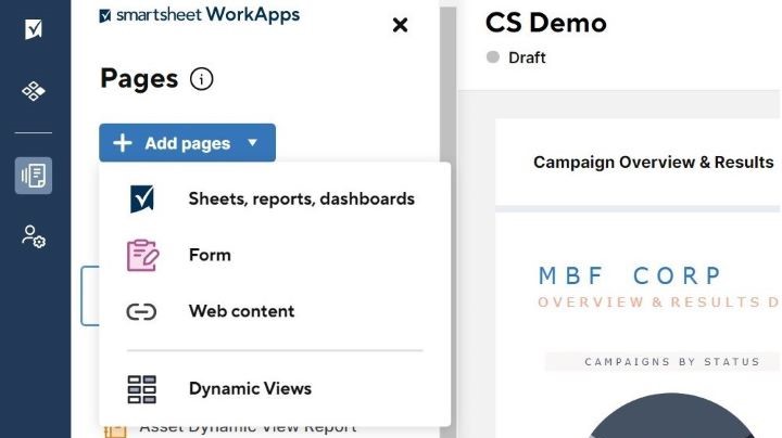 The Smartsheet product user interface features a dropdown menu in the 'Add pages' section. In this menu, you can easily select 'Dynamic Views' to directly add it to a WorkApp.
