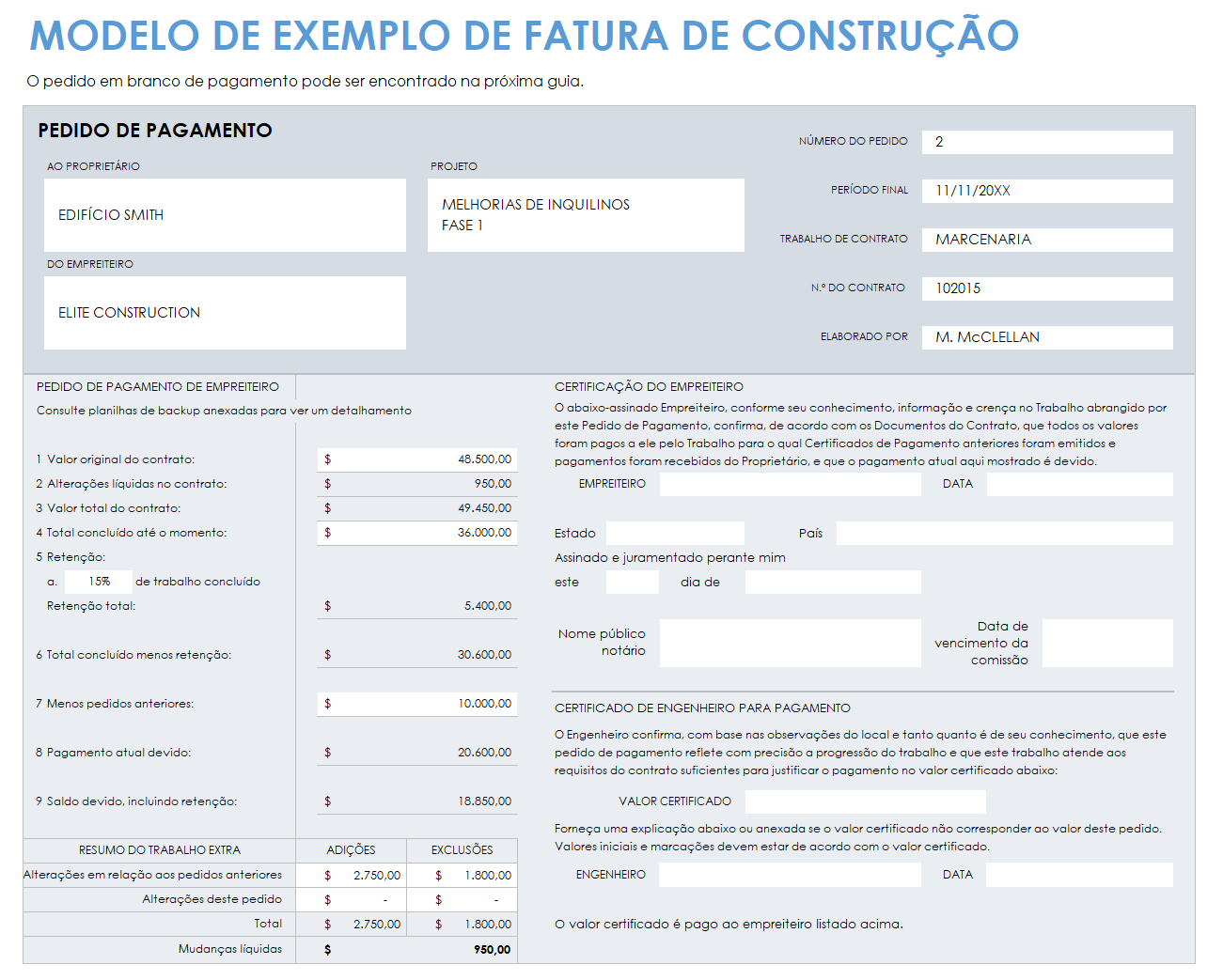 modelo de amostra de fatura de construção civil