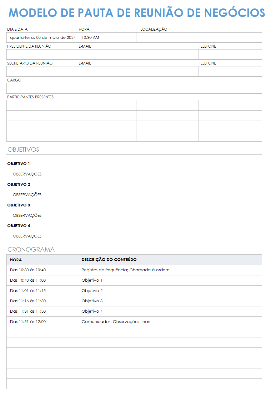  modelo de agenda de reunião de negócios