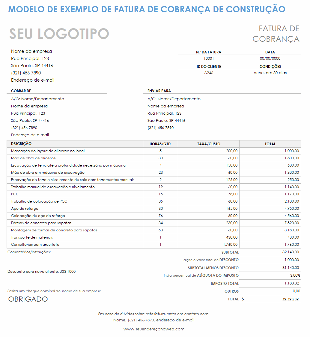 modelo de exemplo de fatura de faturamento de construção