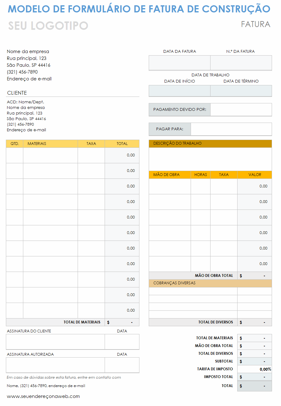  modelo de formulário de fatura de construção