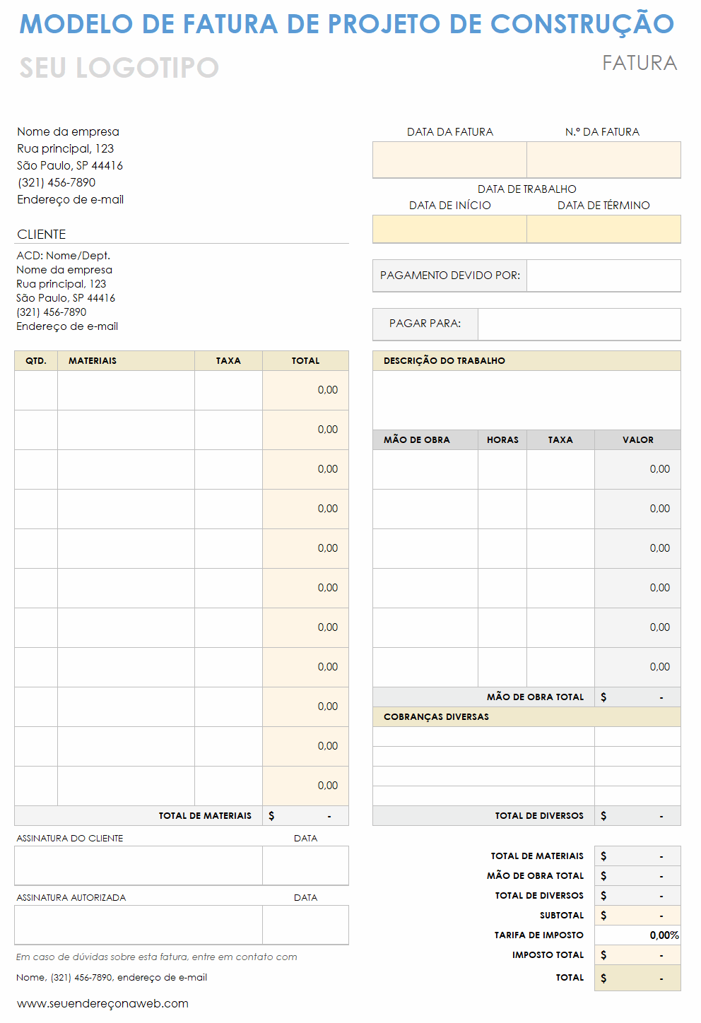  modelo de fatura de projeto de construção