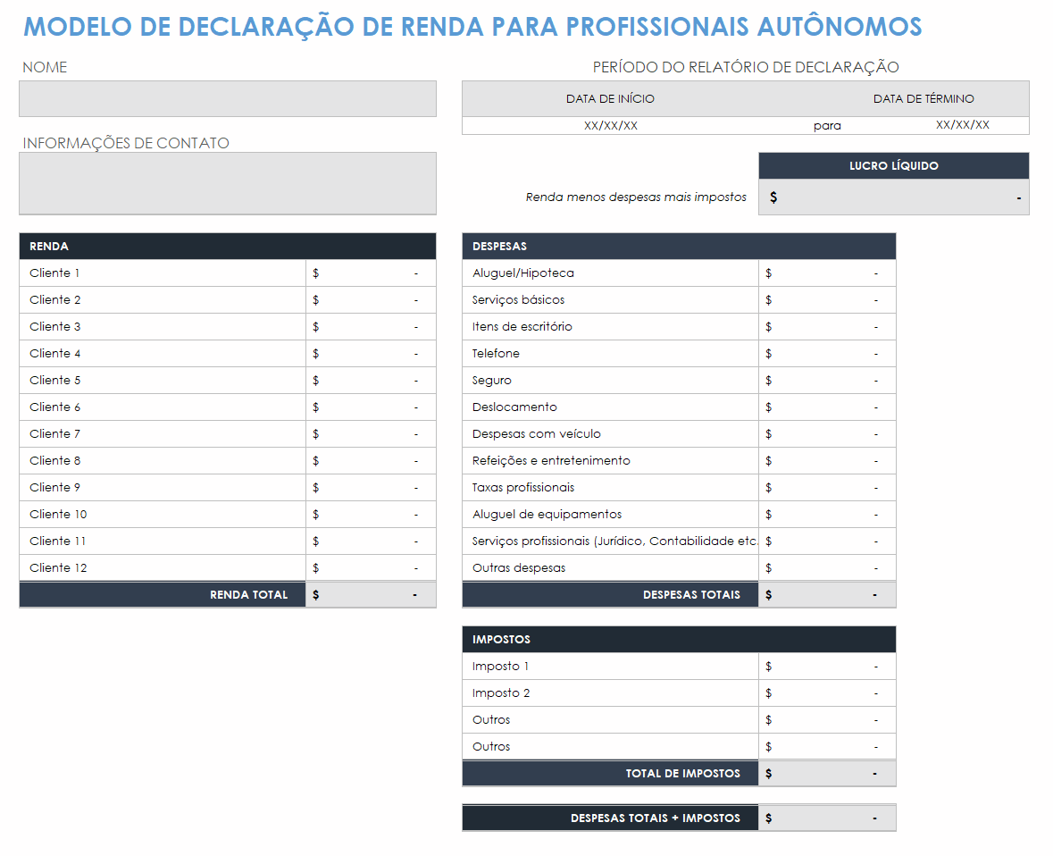 modelo de demonstração de resultados freelance