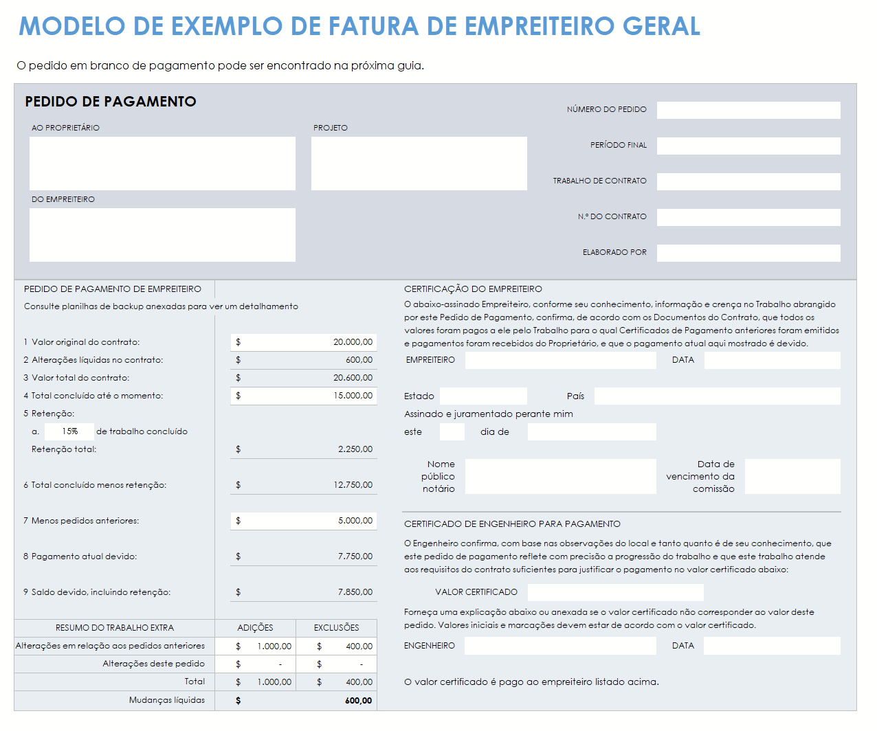 modelo de amostra de fatura de construção de empreiteiro geral