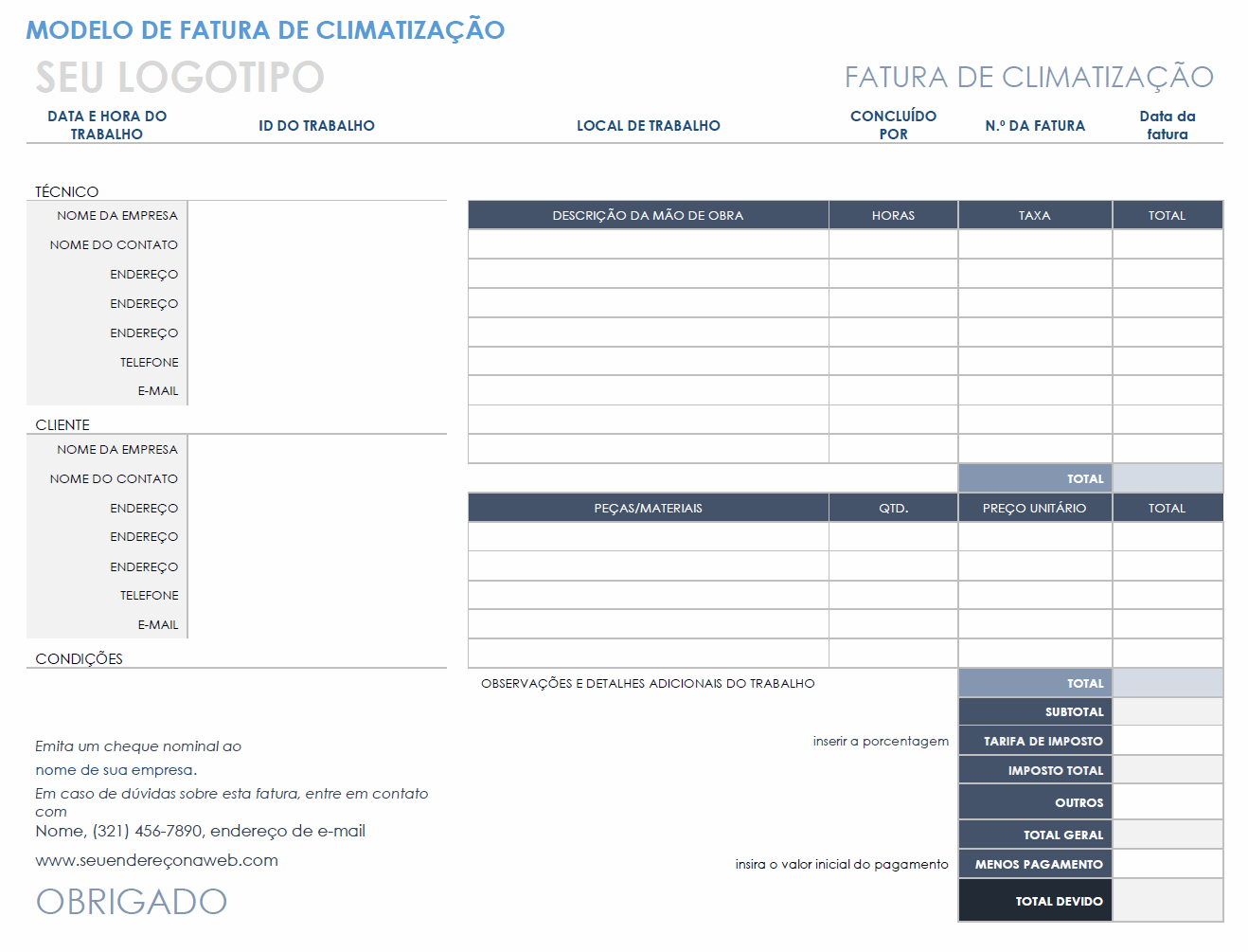  modelo de fatura hvac