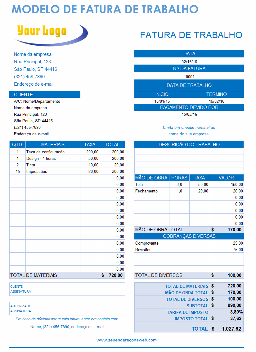 modelo de fatura de trabalho