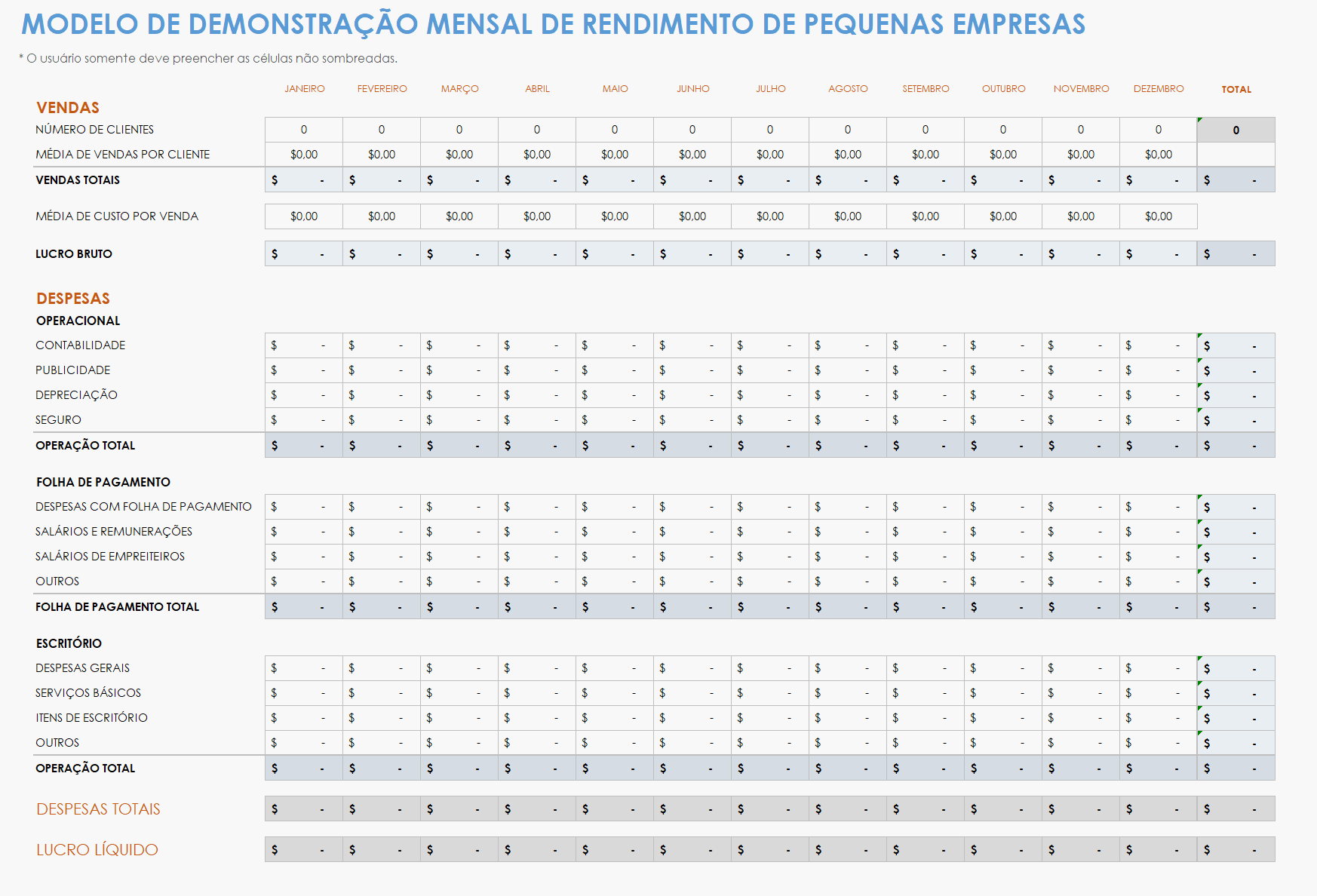 modelo de demonstração de resultados mensal para pequenas empresas