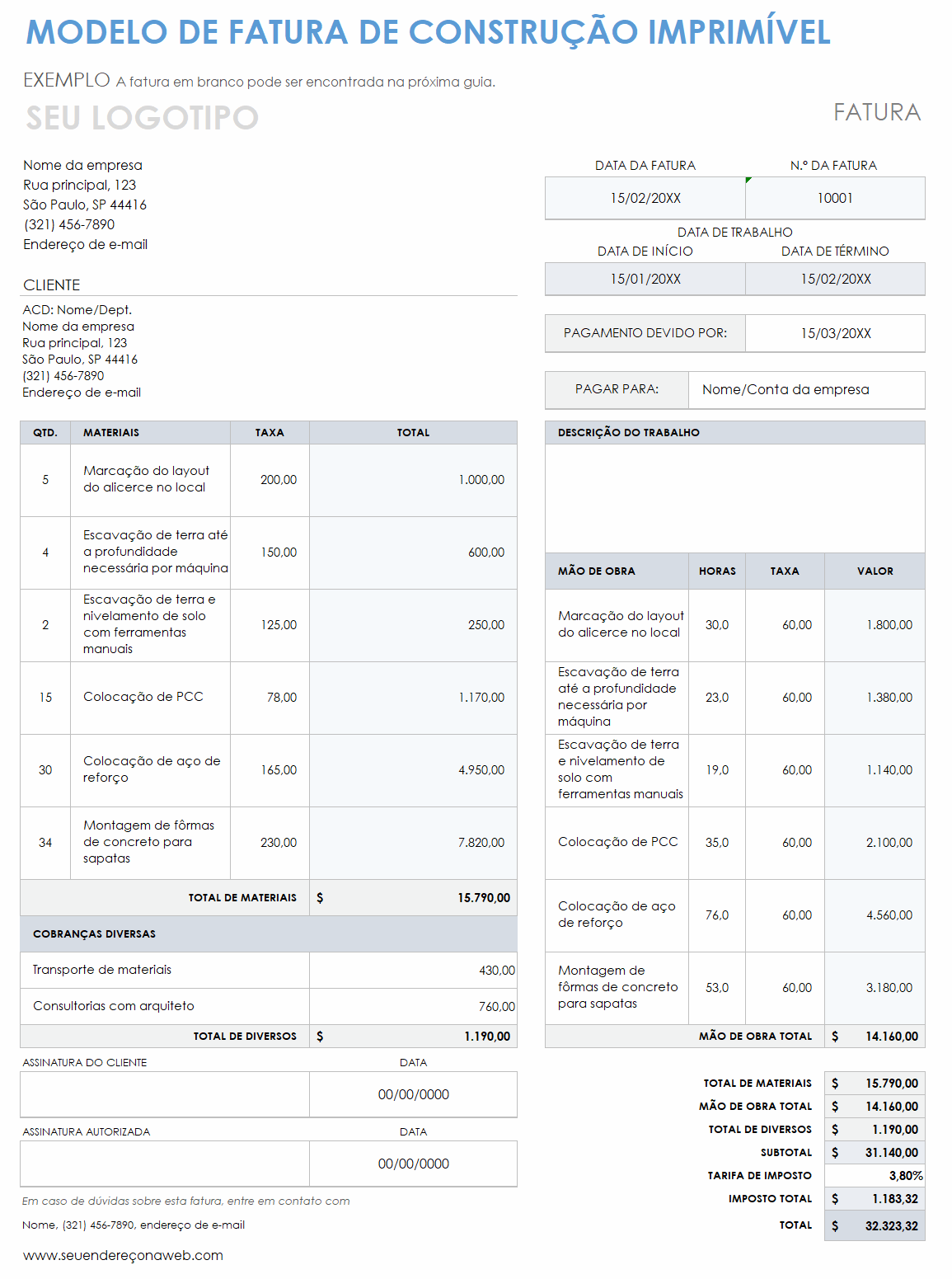 modelo de fatura de construção para impressão