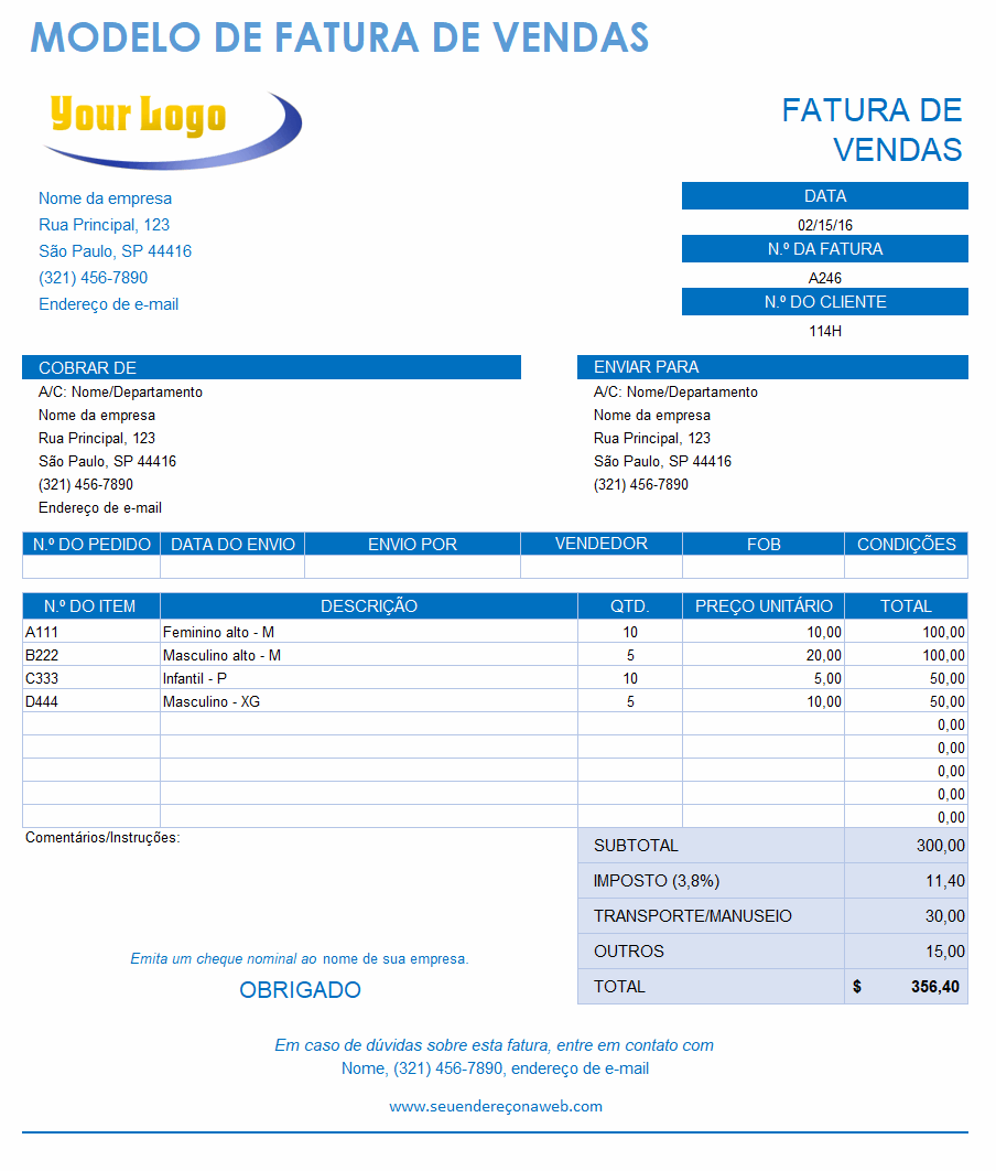 modelo de fatura de vendas