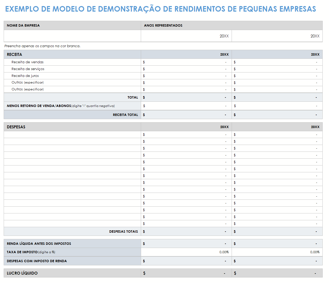 modelo de demonstração de resultados de pequenas empresas