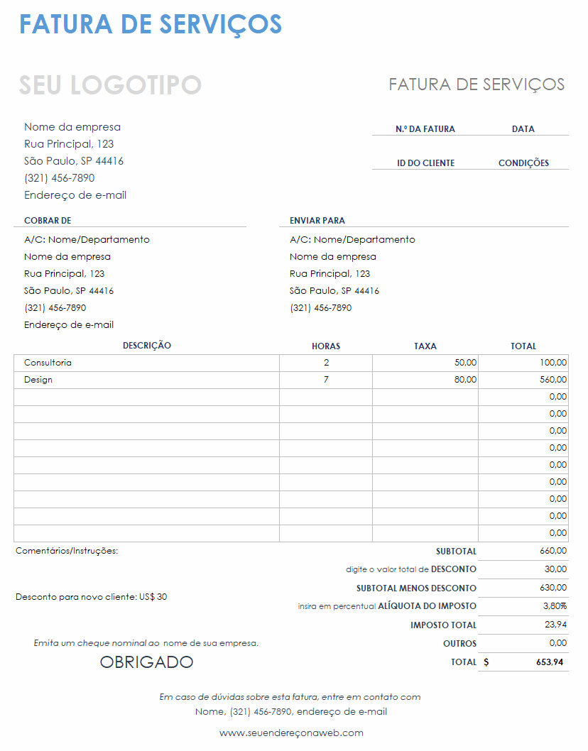 modelo de fatura de serviços