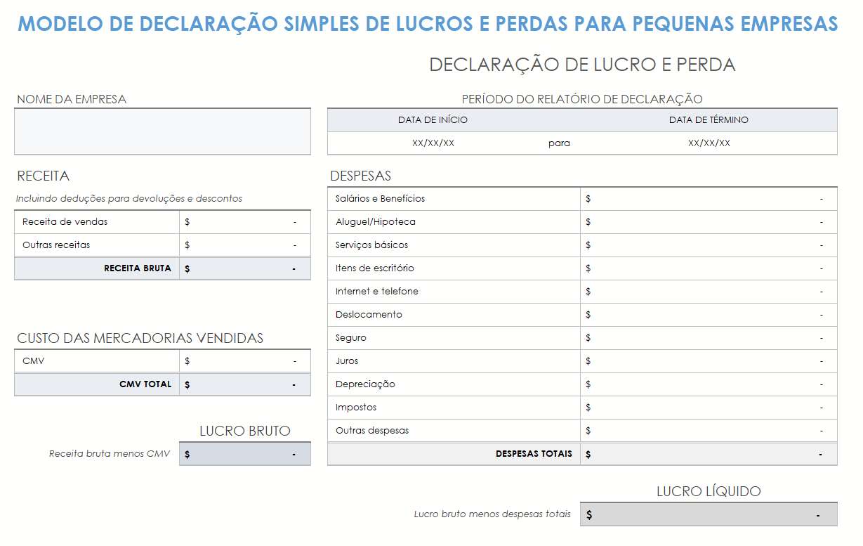 modelo simples de lucros e perdas para pequenas empresas