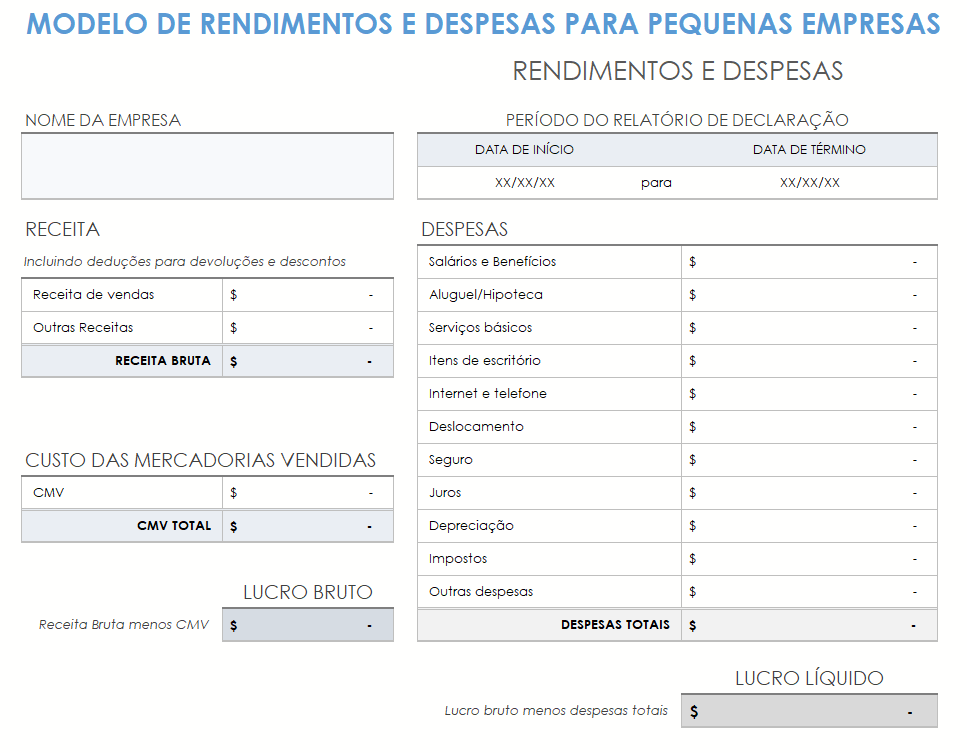 modelo de receitas e despesas para pequenas empresas