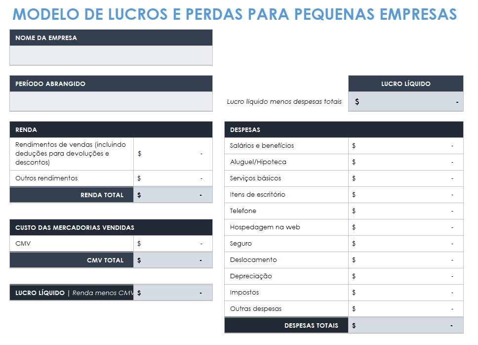  modelo de lucros e perdas para pequenas empresas