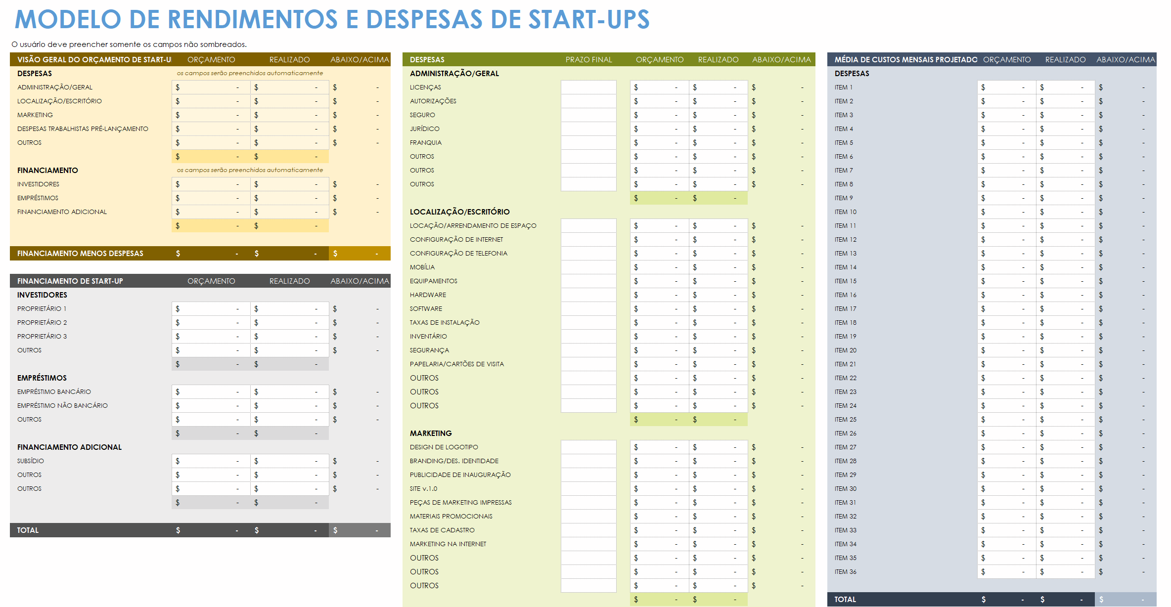  modelo de receitas e despesas de negócios iniciais