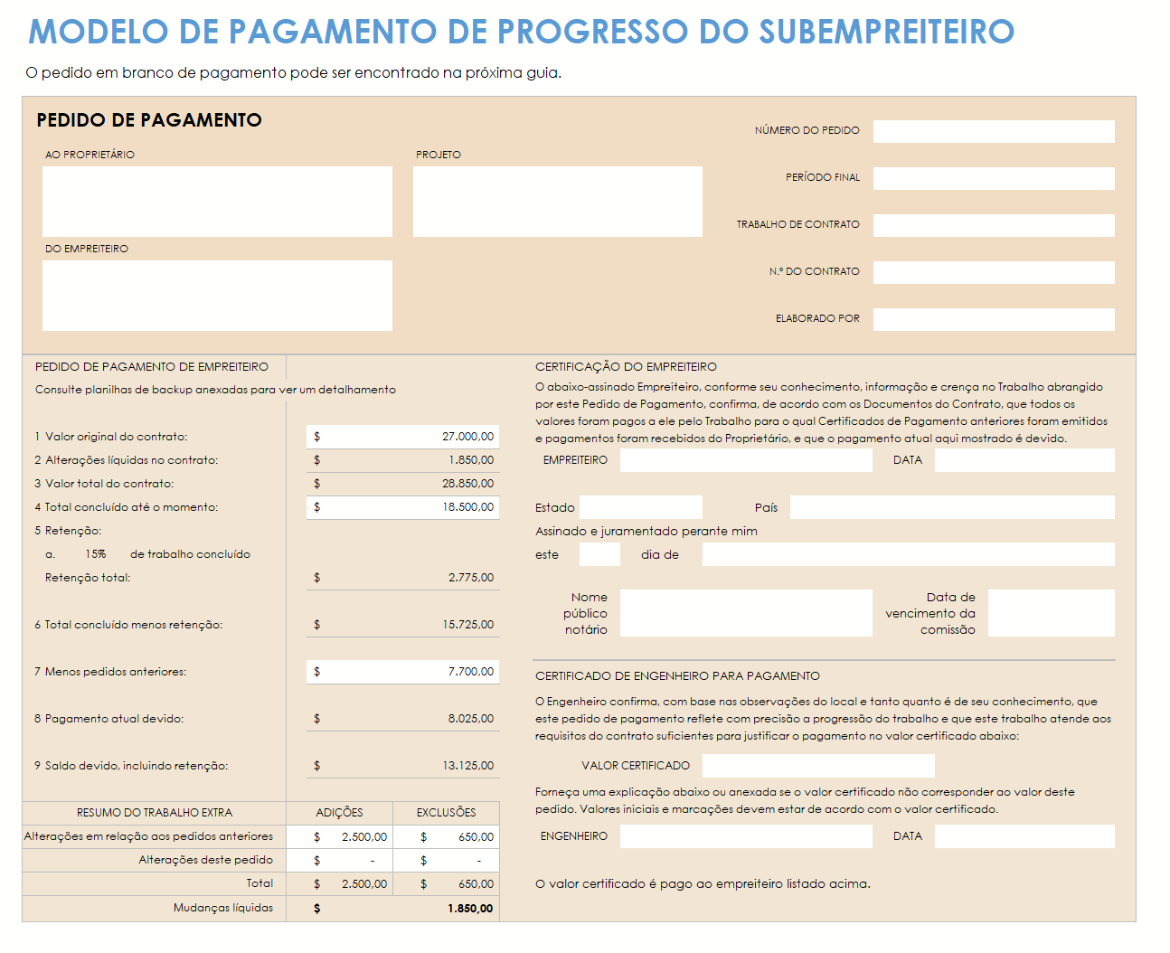 modelo de pagamento de progresso de subcontratado