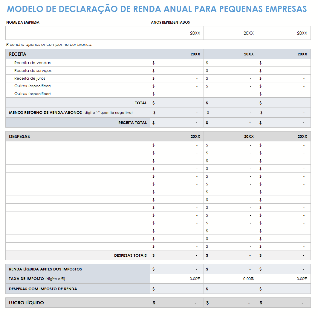  modelo de demonstração de resultados anual para pequenas empresas