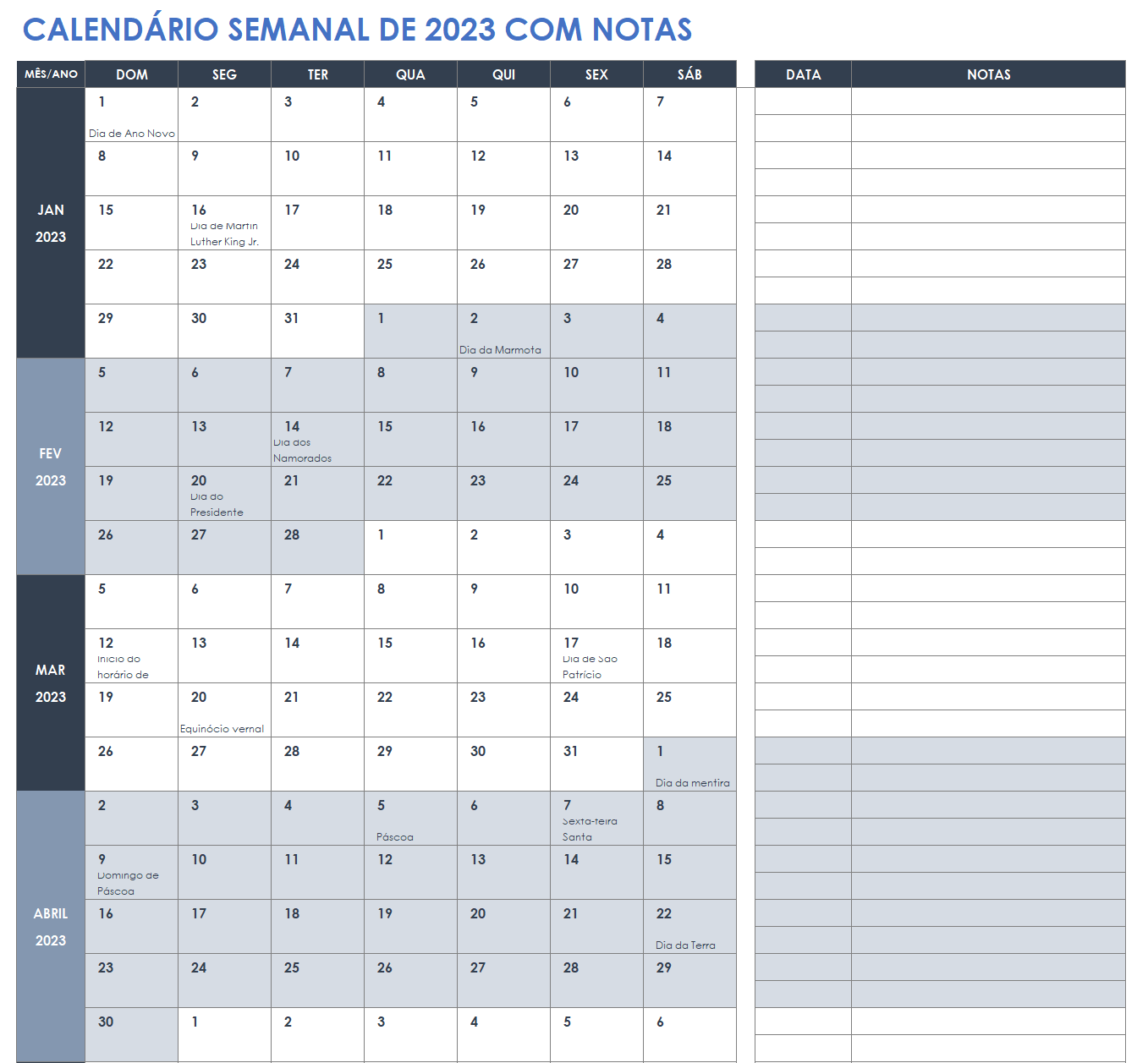 Calendário semanal de 2023 com notas