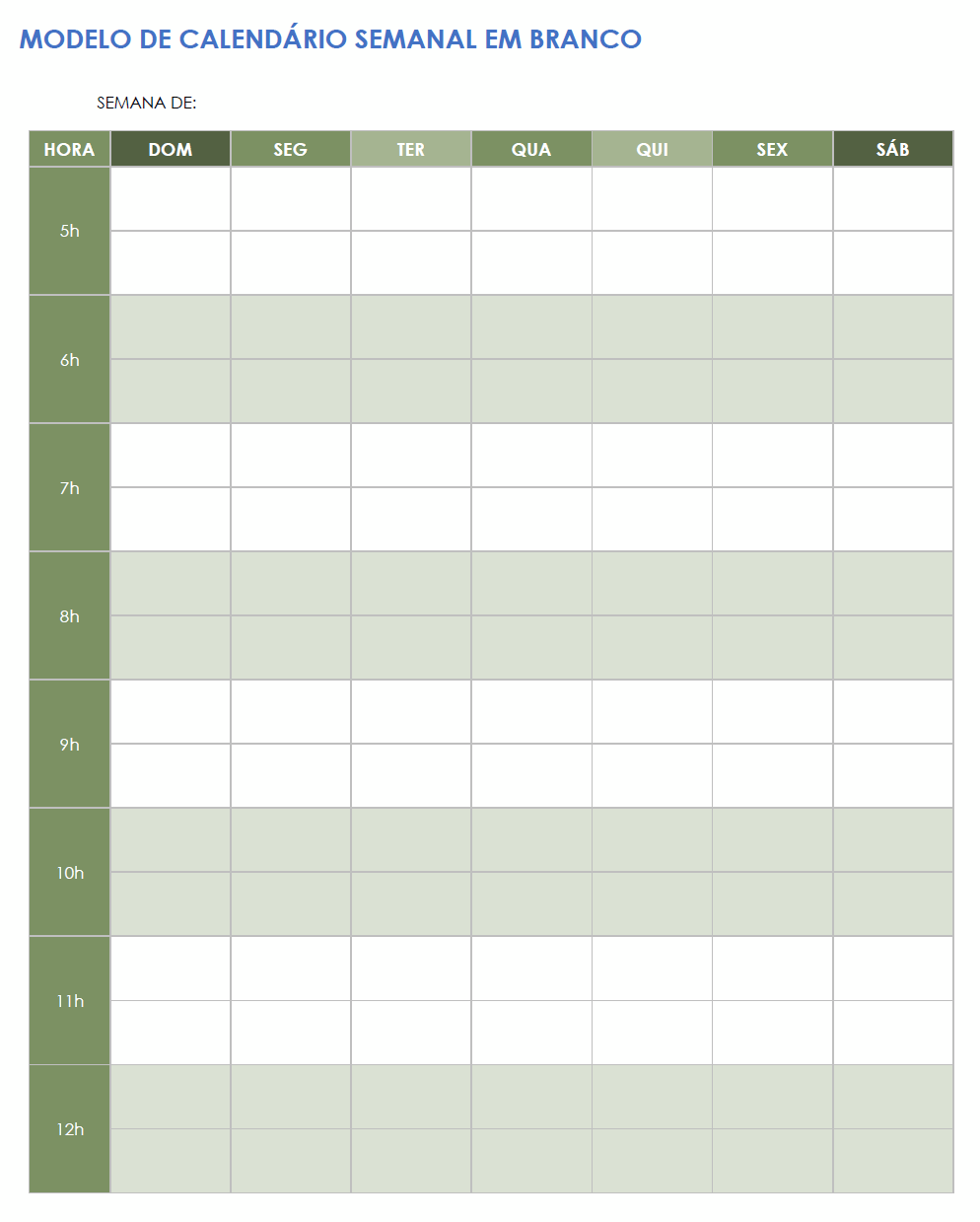 Modelo de retrato de calendário semanal em branco