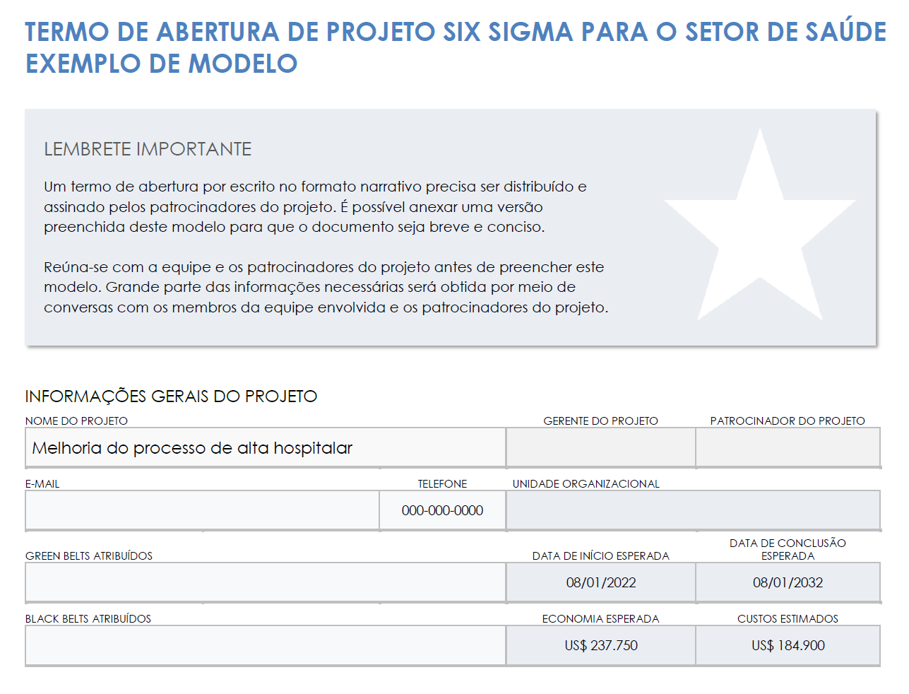 modelo de exemplo de carta de projeto de saúde seis sigma