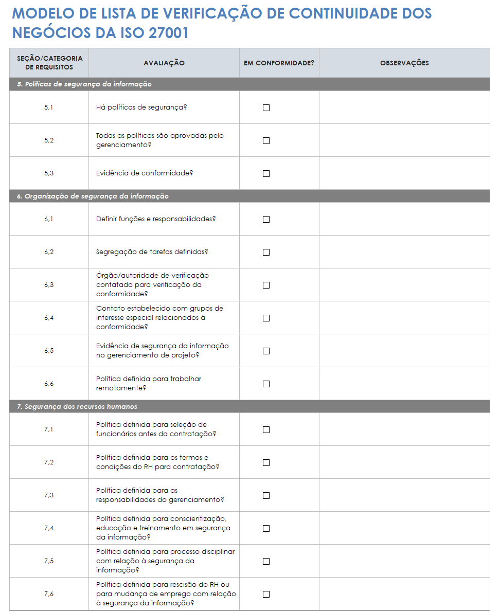 modelo de lista de verificação de continuidade de negócios iso-27001