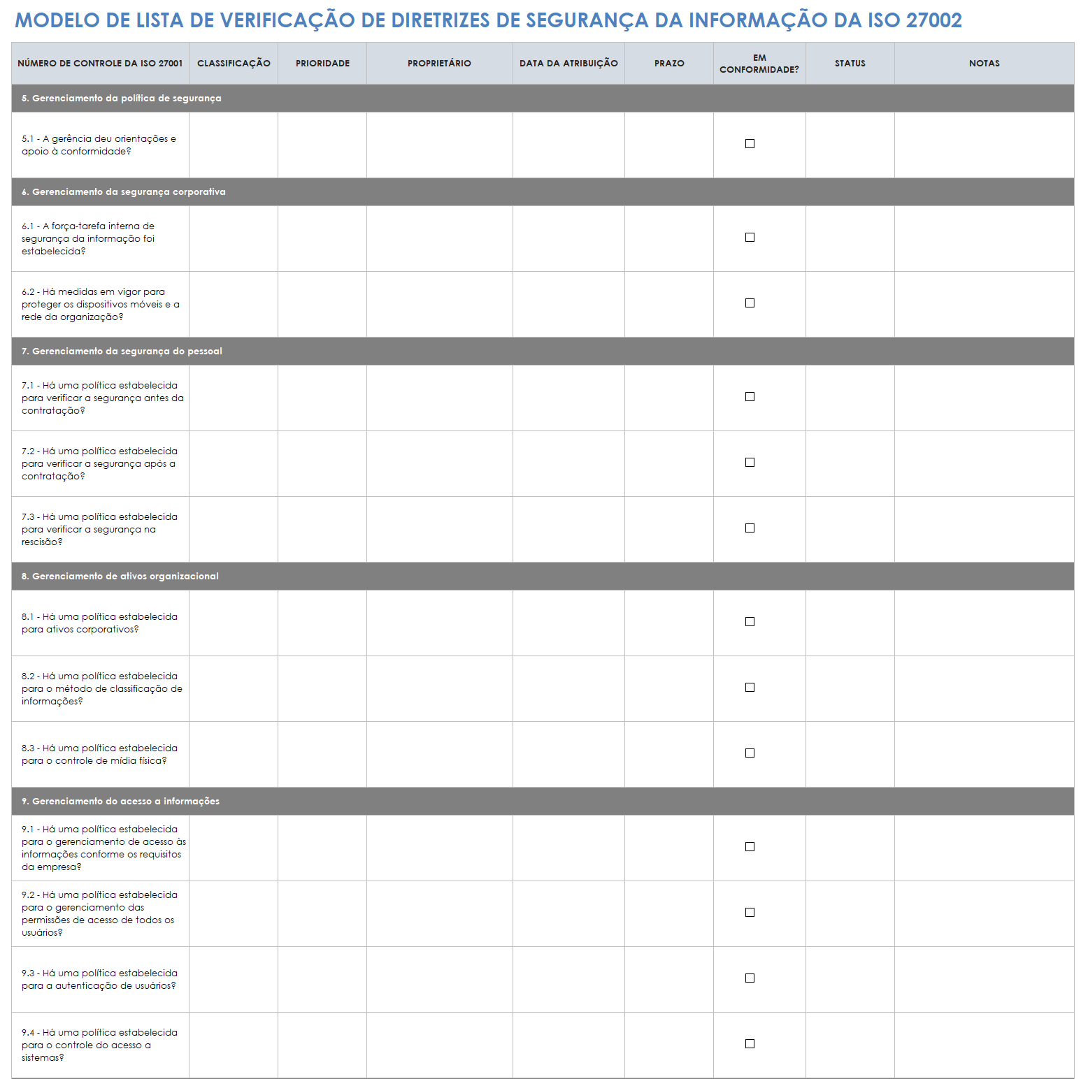 modelo de lista de verificação de diretrizes de segurança da informação iso-27002