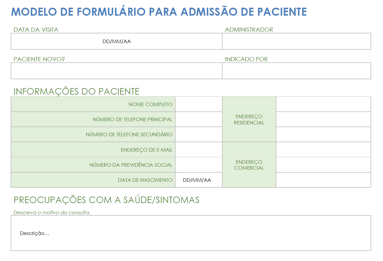  modelo de formulário de admissão do paciente