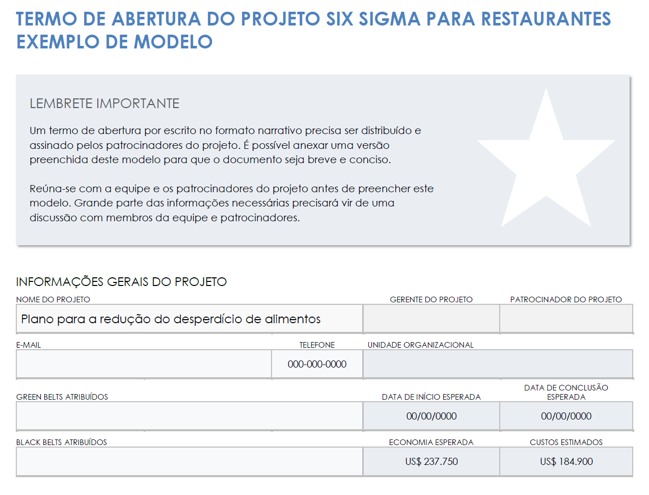  modelo de exemplo de carta de projeto de restaurante seis sigma