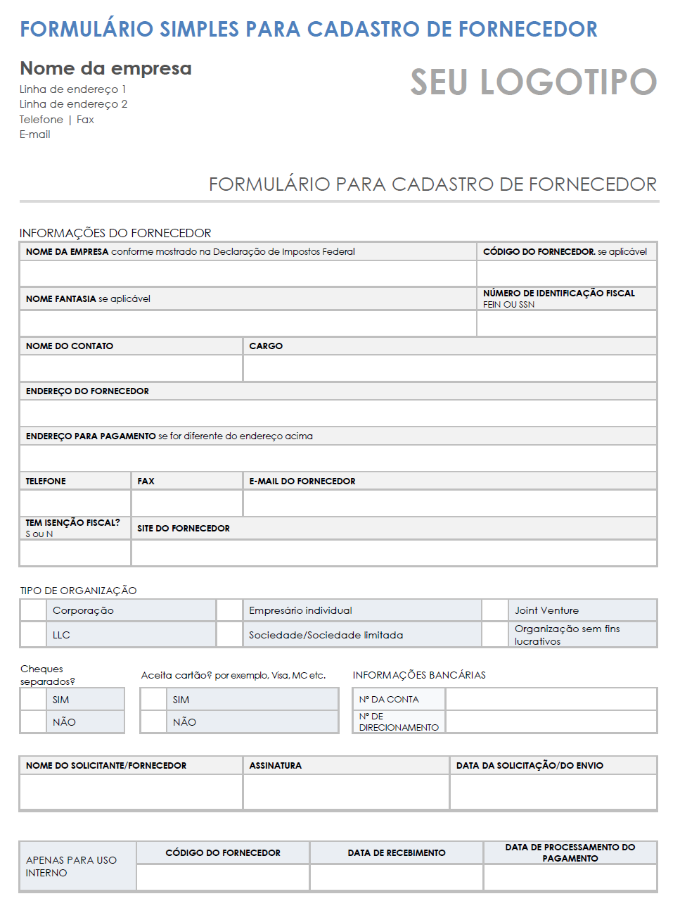  modelo de formulário de inscrição de fornecedor simples