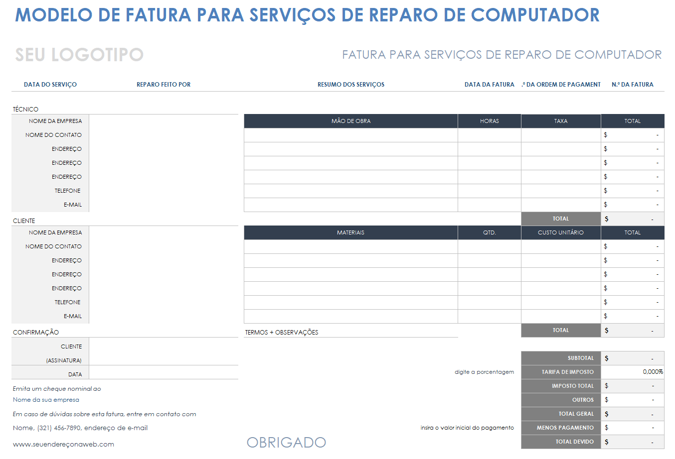 Fatura de conserto de computador