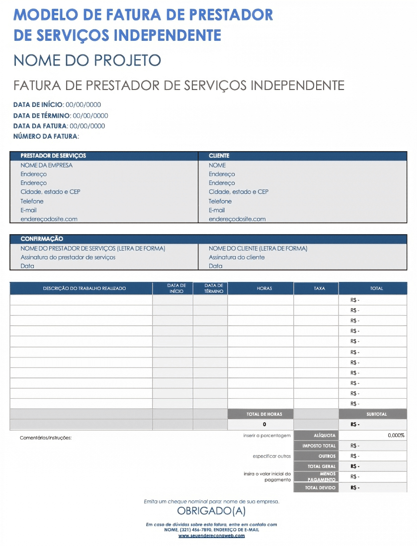  Modelo de fatura de contratante independente