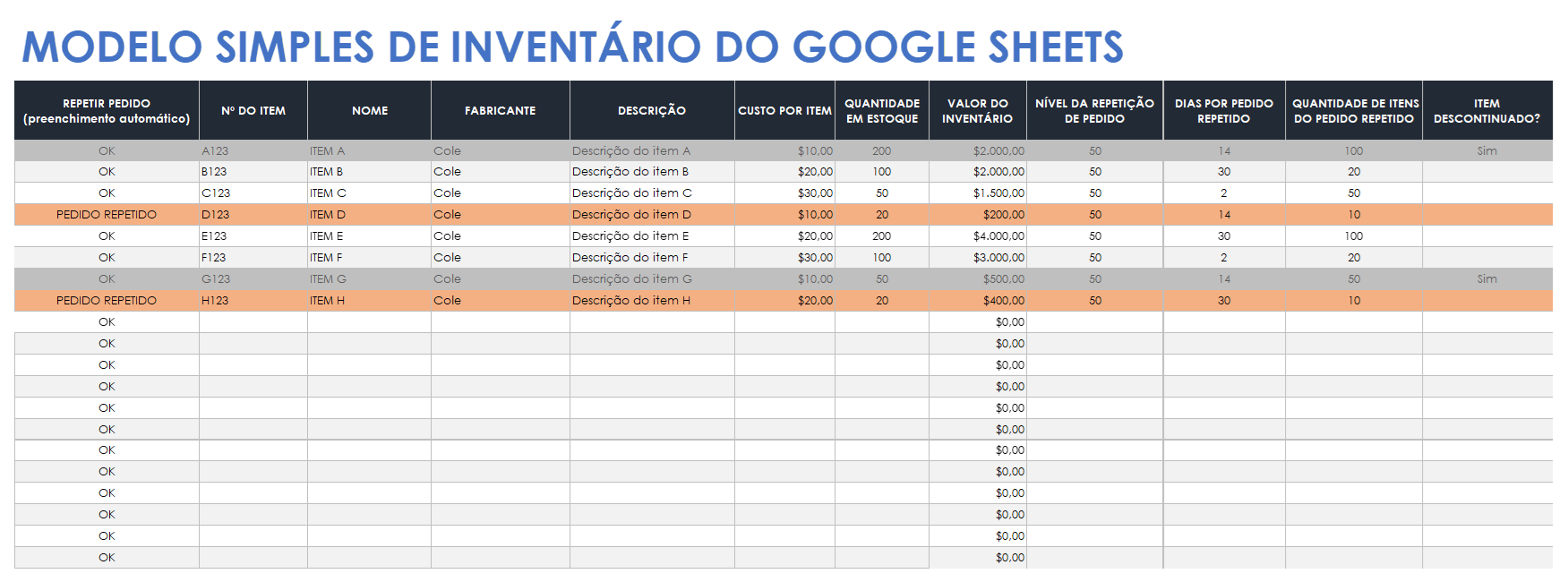  Modelo de inventário simples do Google Sheets