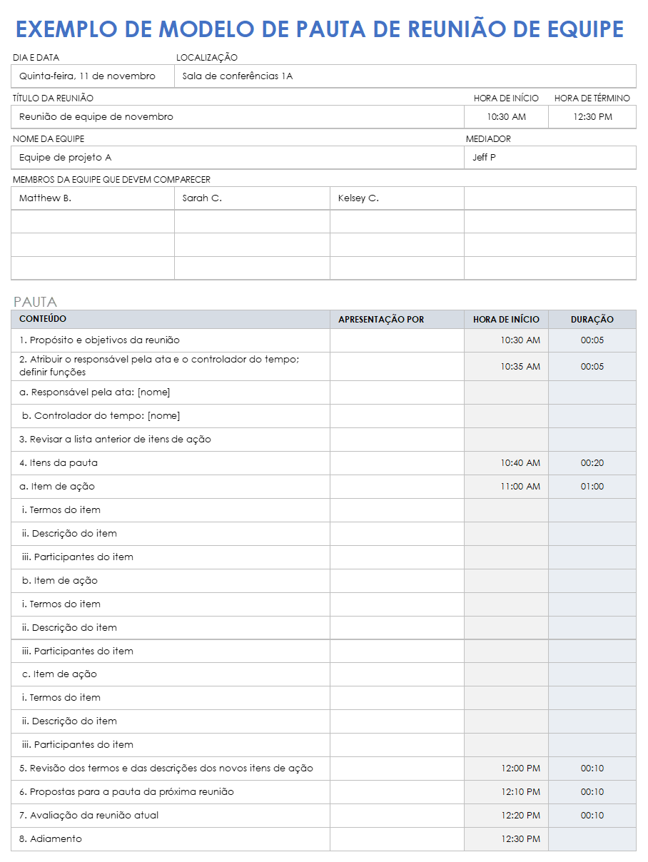  Modelo de agenda de reunião de equipe