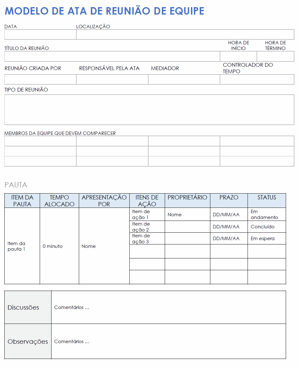  Modelo de minutos de reunião de equipe