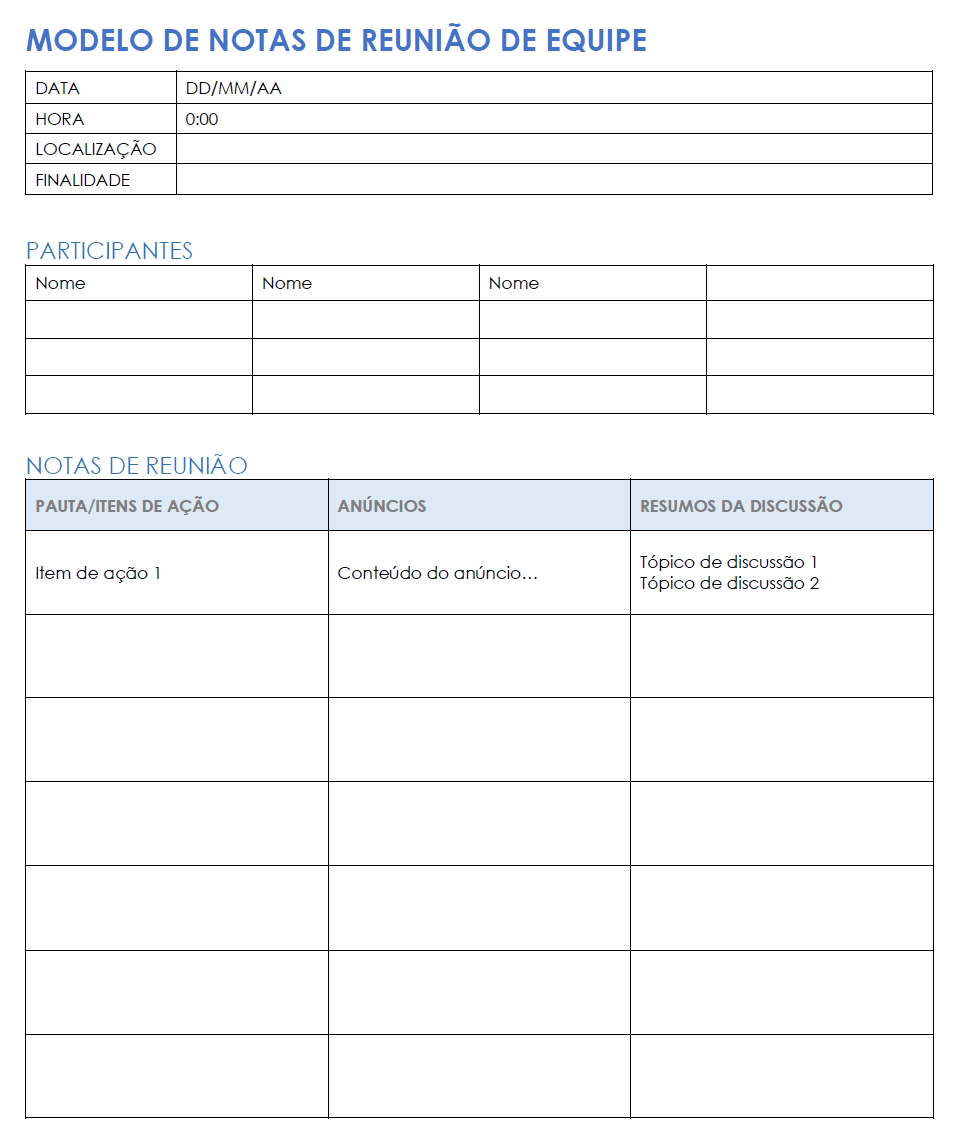  Modelo de notas de reunião de equipe